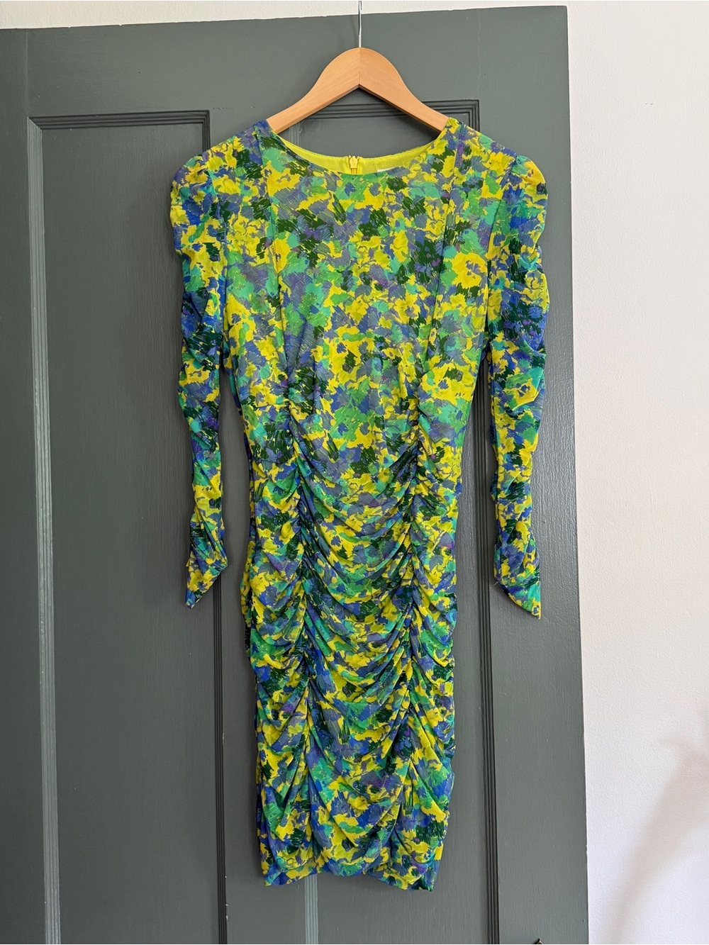 Ganni Green and Yellow Ruched Long-Sleeve Floral Dress